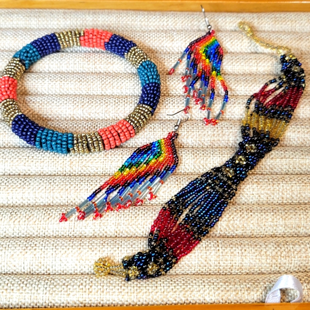 Handmade Rainbow Glass Seed Bead Jewelry Lot Pierced Earrings & 2 Bracelets